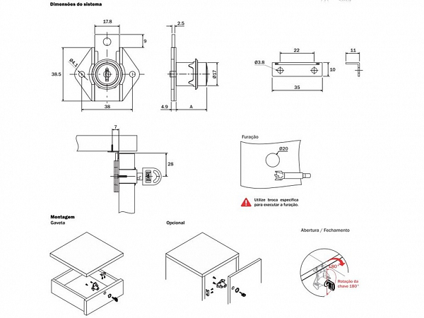 FECHADURA P/ GAVETA C/ BATENTE D17 X 31MM NI - HARDT